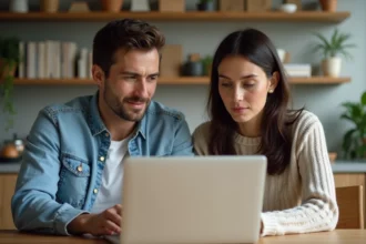 Couple dans la cuisine regardant un ordinateur portable