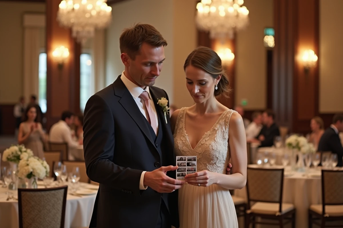 Couple déçu tenant une photo floue imprimée par un photobooth bon marché lors d'une réception de mariage