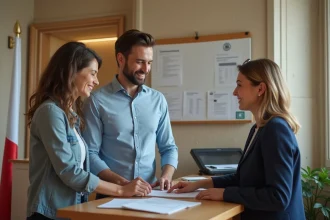 Jeune couple en mairie lors de démarches administratives