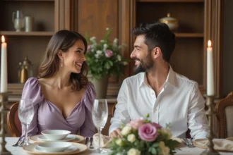 Couple souriant lors d un dîner élégant dans une salle vintage