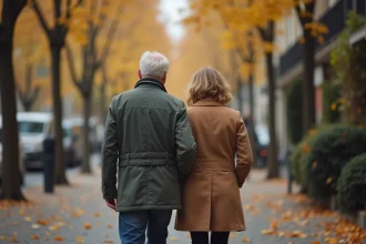Couple anonyme se promenant dans une rue parisienne en automne, illustrant la discrétion et la vie privée préservée