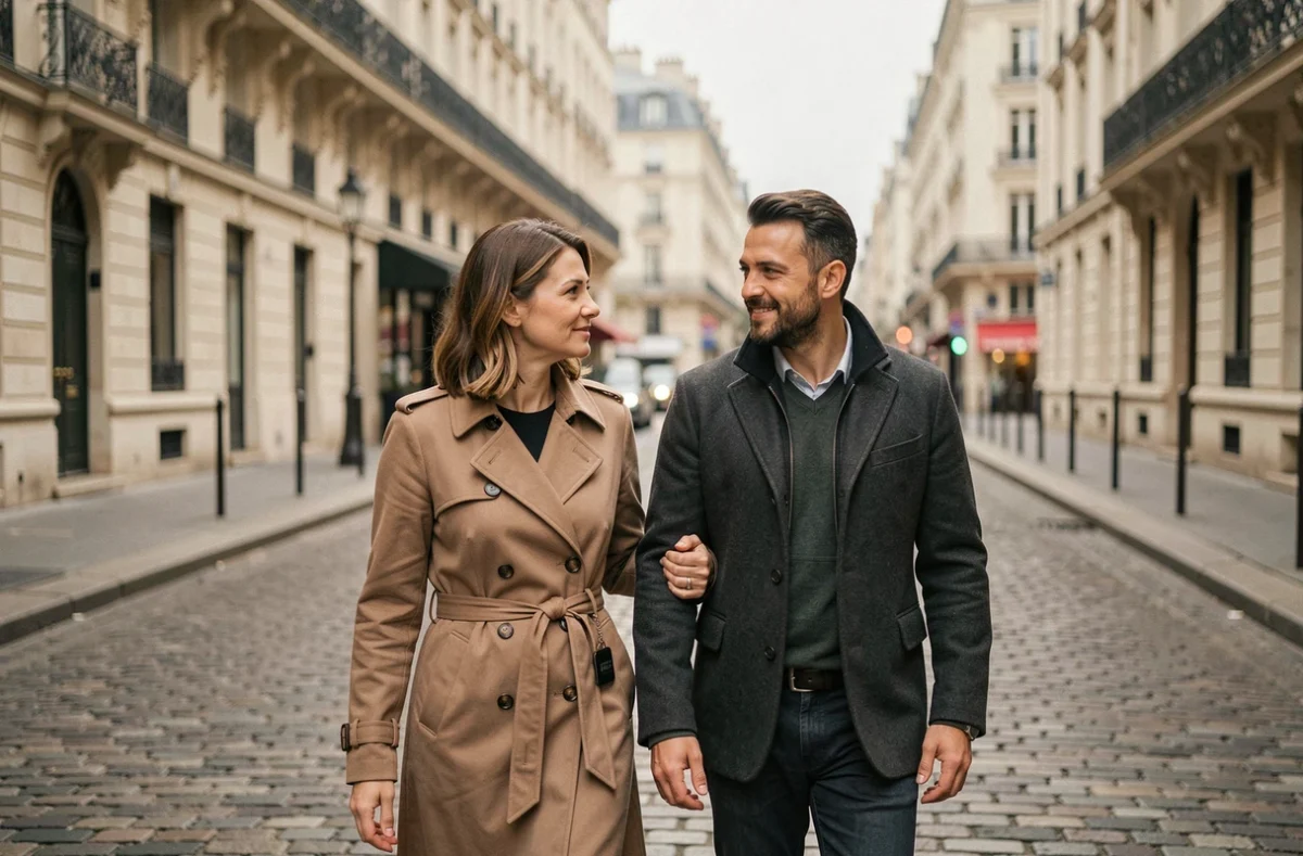 Couple discret marchant dans une rue parisienne, symbolisant la préservation de la vie privée loin des projecteurs