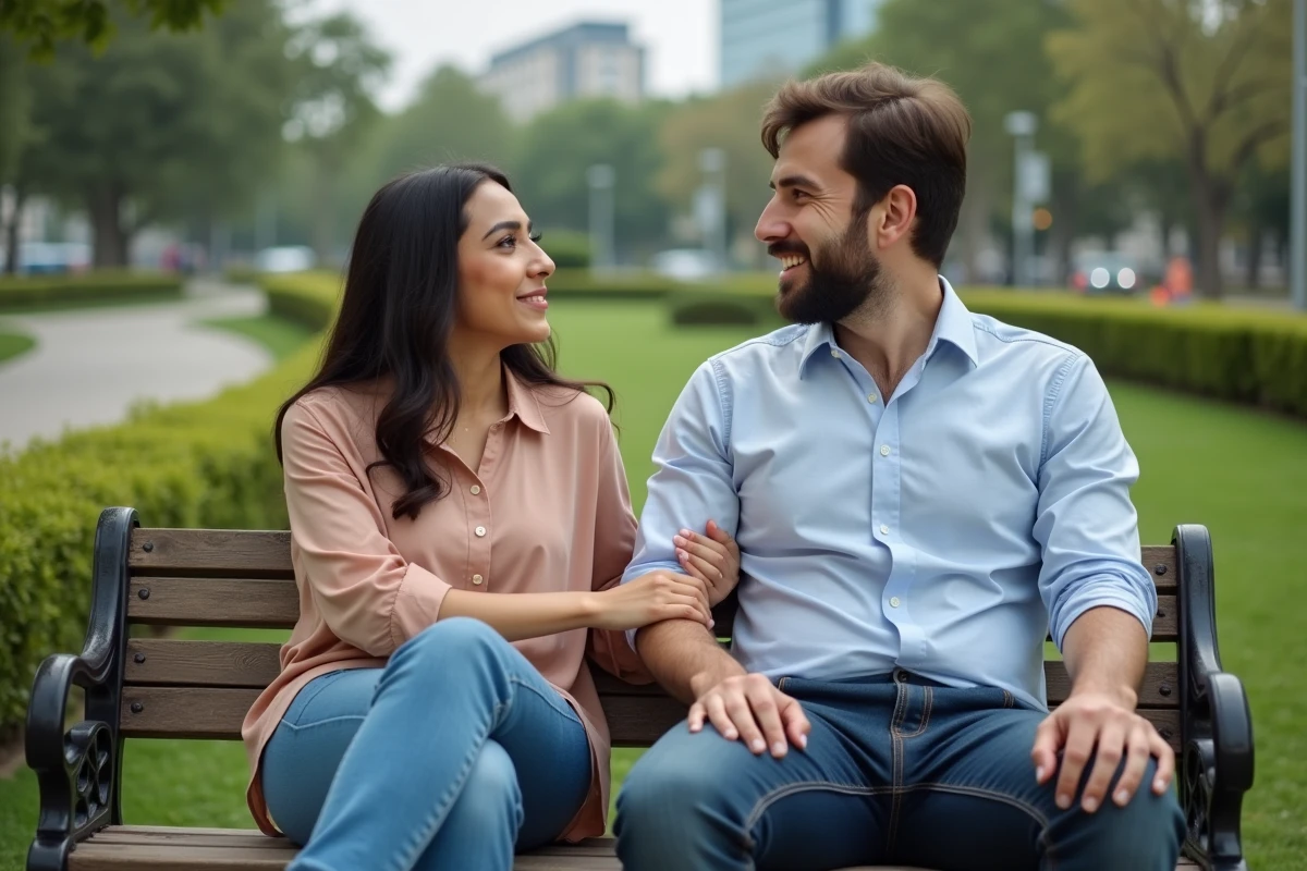 Couple détendu discutant sur un banc dans un parc urbain