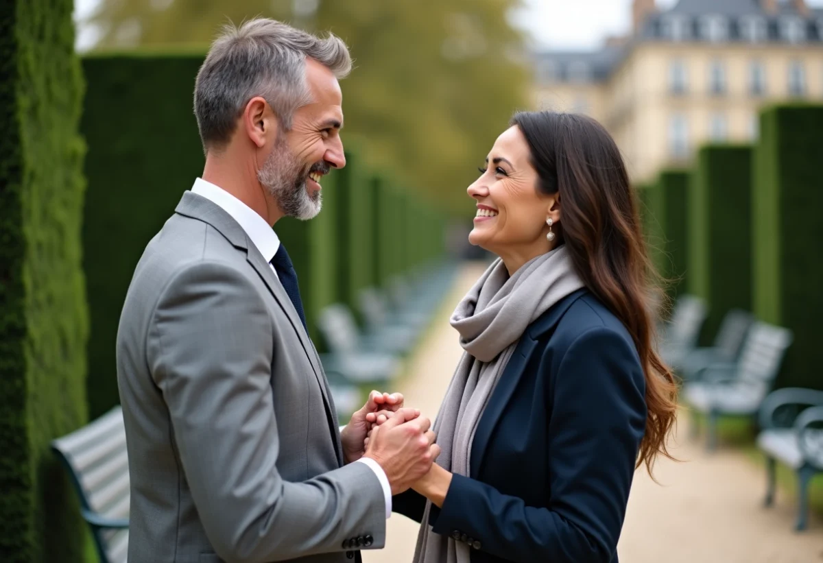 Couple souriant dans un jardin parisien élégant