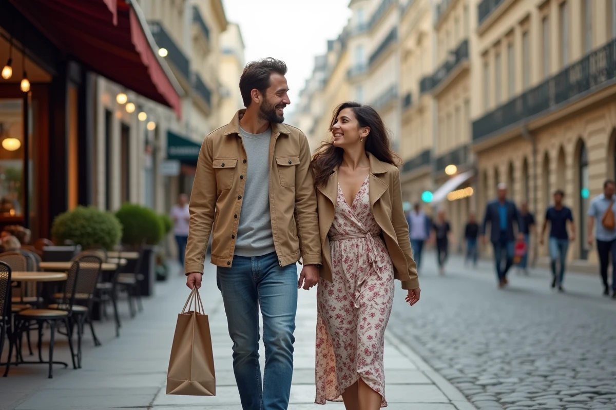 Couple franco-albanais se promenant dans une rue parisienne après installation en France suite à un mariage en Albanie