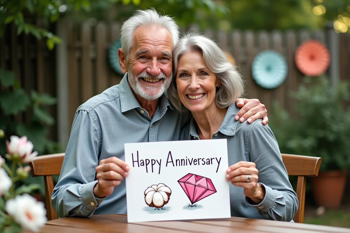 Couple âgé avec carte anniversaire dans le jardin
