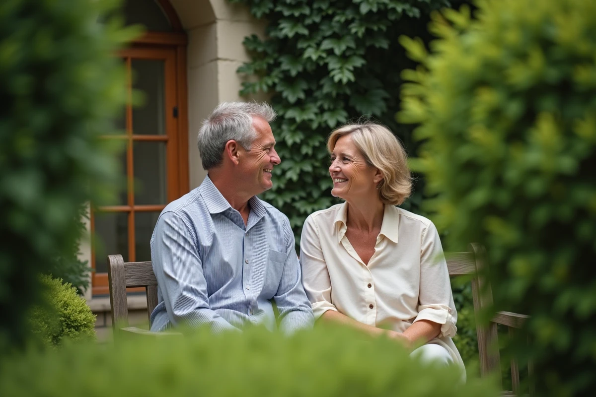 Couple assis dans un jardin privé entouré de végétation, évoquant la discrétion et la protection de la vie personnelle