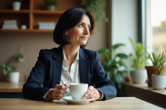 Femme journaliste à l'air réfléchi attablée dans un intérieur domestique chaleureux, évoquant la vie privée d'un couple médiatique