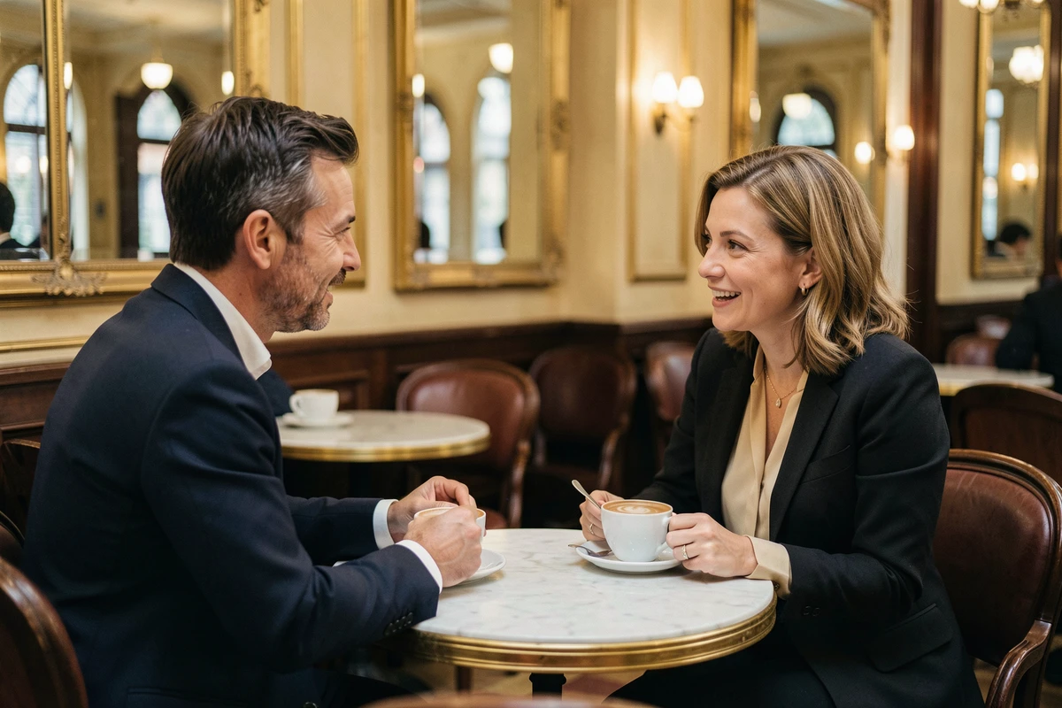 Couple de journalistes discutant dans une brasserie parisienne, scène de vie professionnelle et personnelle