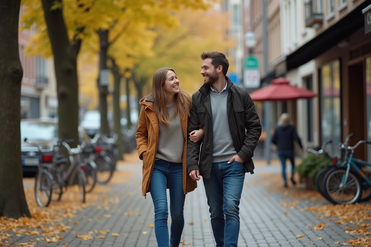 Jeune couple marchant main dans la main en automne en ville