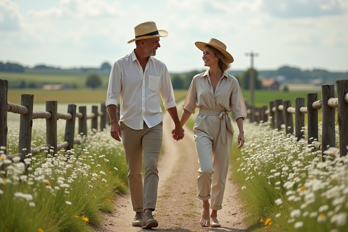 Homme et femme main dans la main dans la campagne