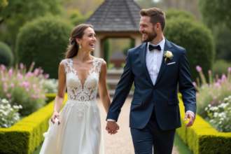 Couple heureux en mariage dans un jardin fleuri