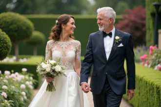 Couple marié dans un jardin élégant lors d'un mariage