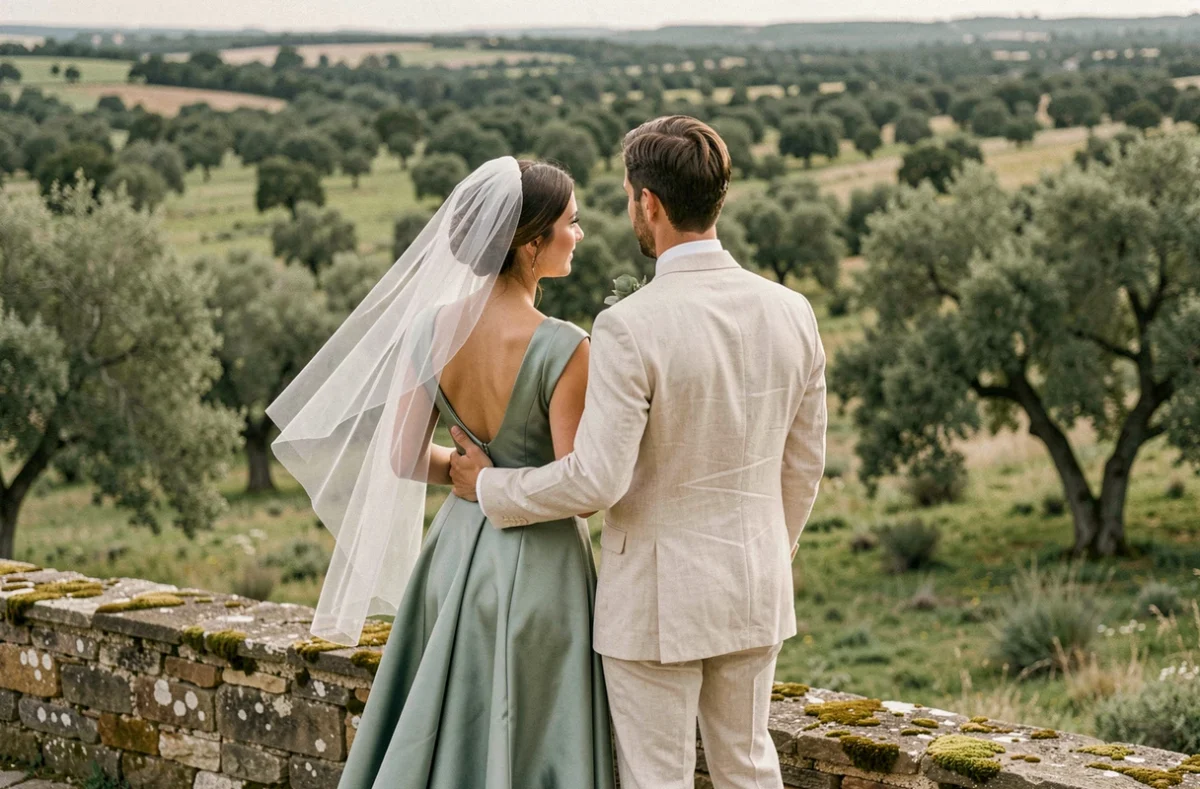 Couple de mariés en tenue de luxe sur une terrasse en pierre avec vue sur la vallée verdoyante du Var en Provence