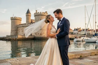 Couple de mariés devant les tours médiévales de La Rochelle, photographe de mariage professionnel