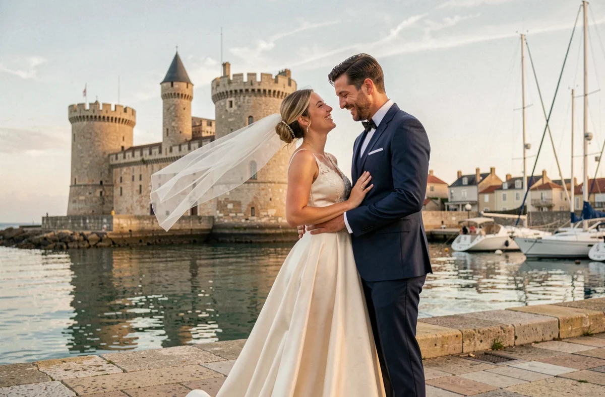 Couple de mariés devant les tours médiévales de La Rochelle, photographe de mariage professionnel
