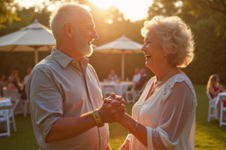 Couple mature riant lors d'une fête dans un jardin élégant