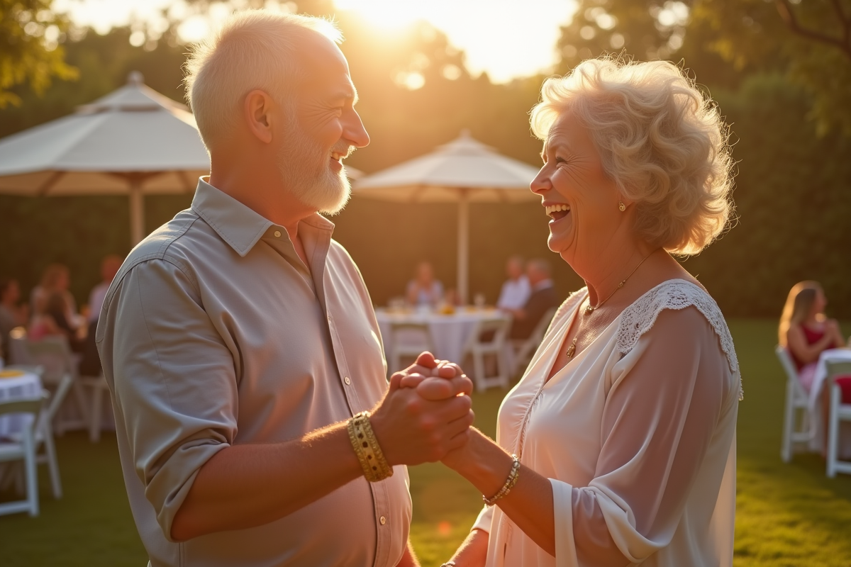 Couple mature riant lors d'une fête dans un jardin élégant