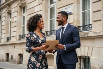 Couple mixte tenant des documents officiels devant une mairie à Nantes pour la transcription de mariage