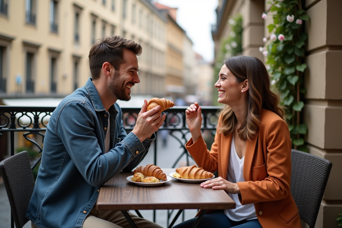 Jeune couple dégustant un petit déjeuner en ville