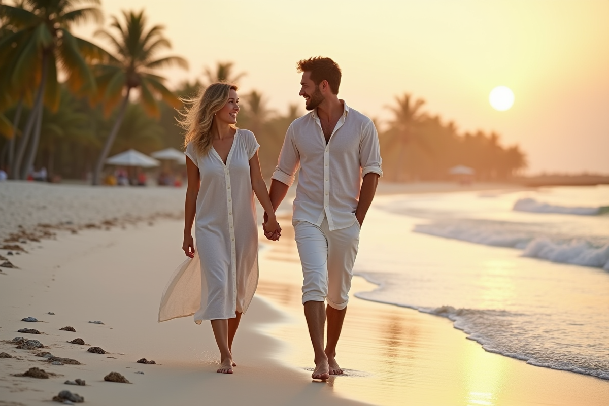 Jeune couple souriant sur la plage au coucher de soleil