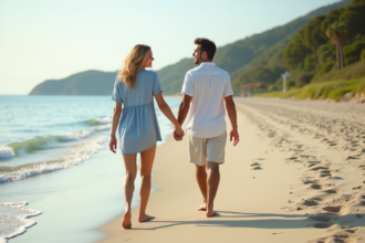 Jeune couple main dans la main sur une plage tranquille