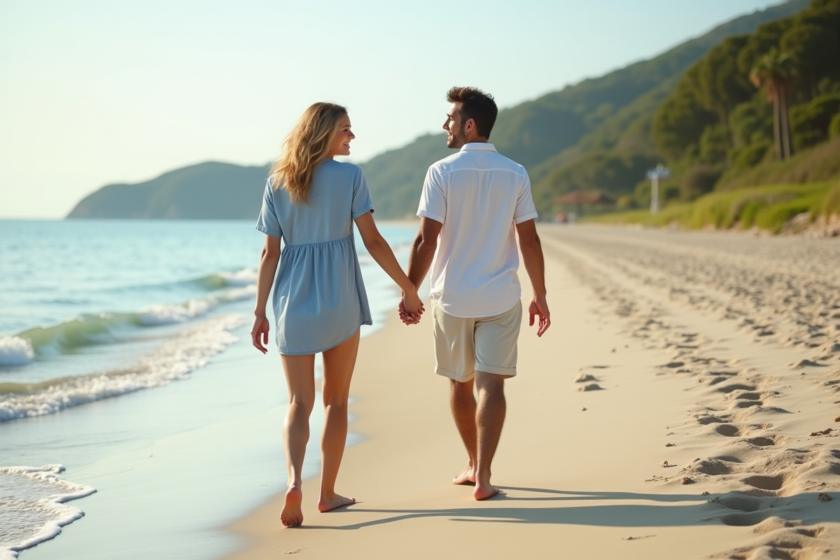 Jeune couple main dans la main sur une plage tranquille