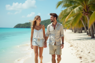 Jeune couple souriant sur la plage exotique