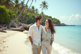Jeune couple sur plage tropicale partageant un rire authentique