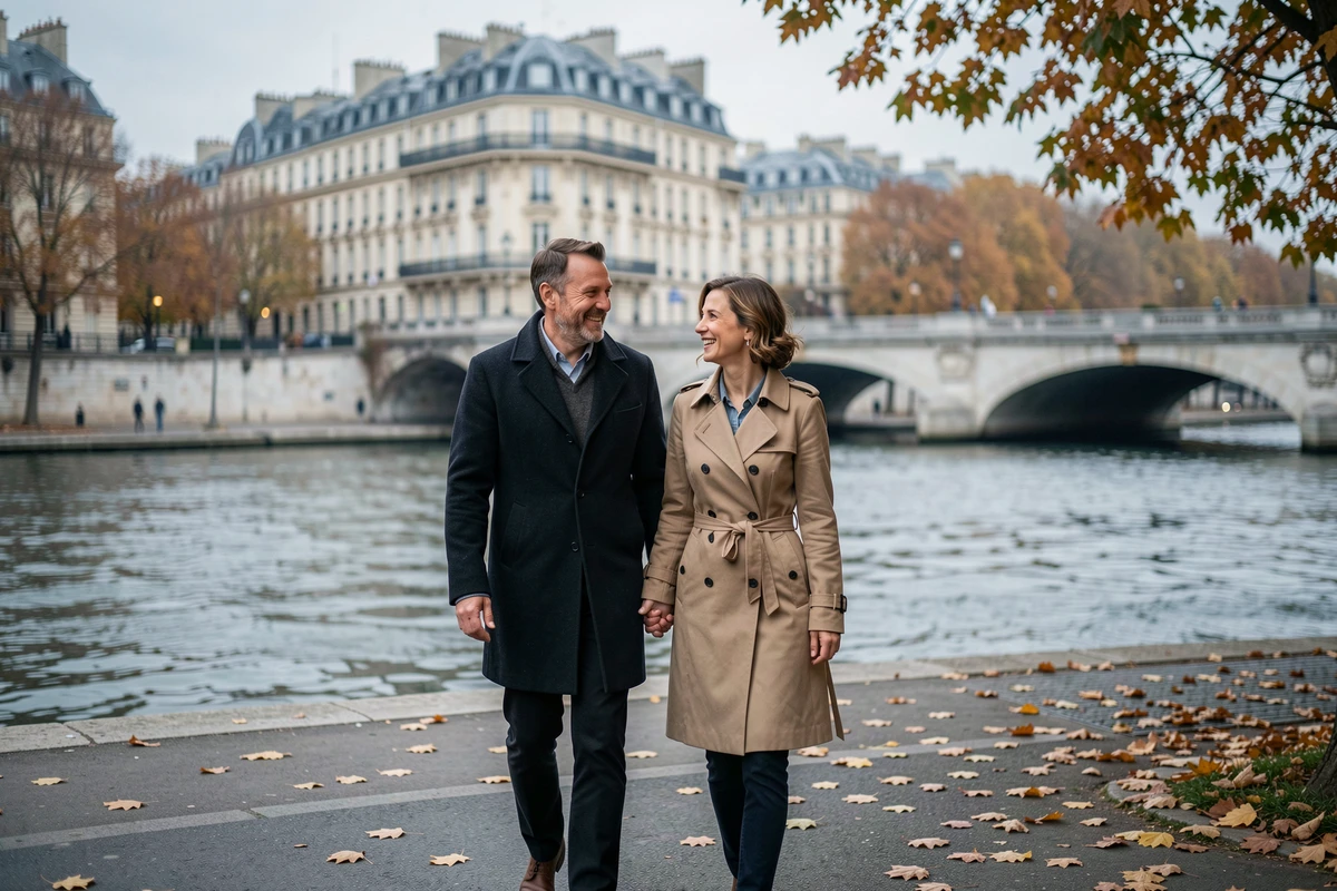 Couple se promenant au bord de la Seine à Paris en automne, vie privée respectée dans un contexte médiatique