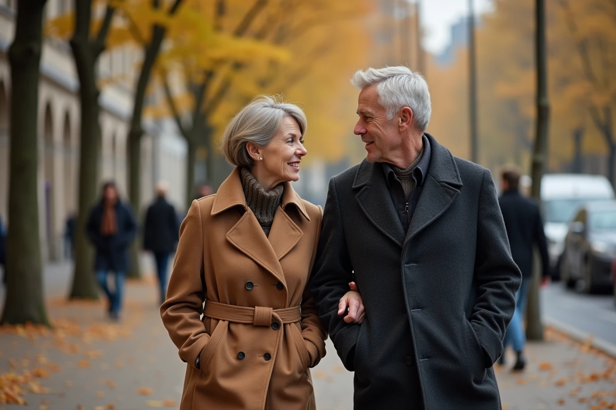 Couple élégant se promenant sur un boulevard parisien en automne, symbolisant une relation durable dans un contexte médiatique