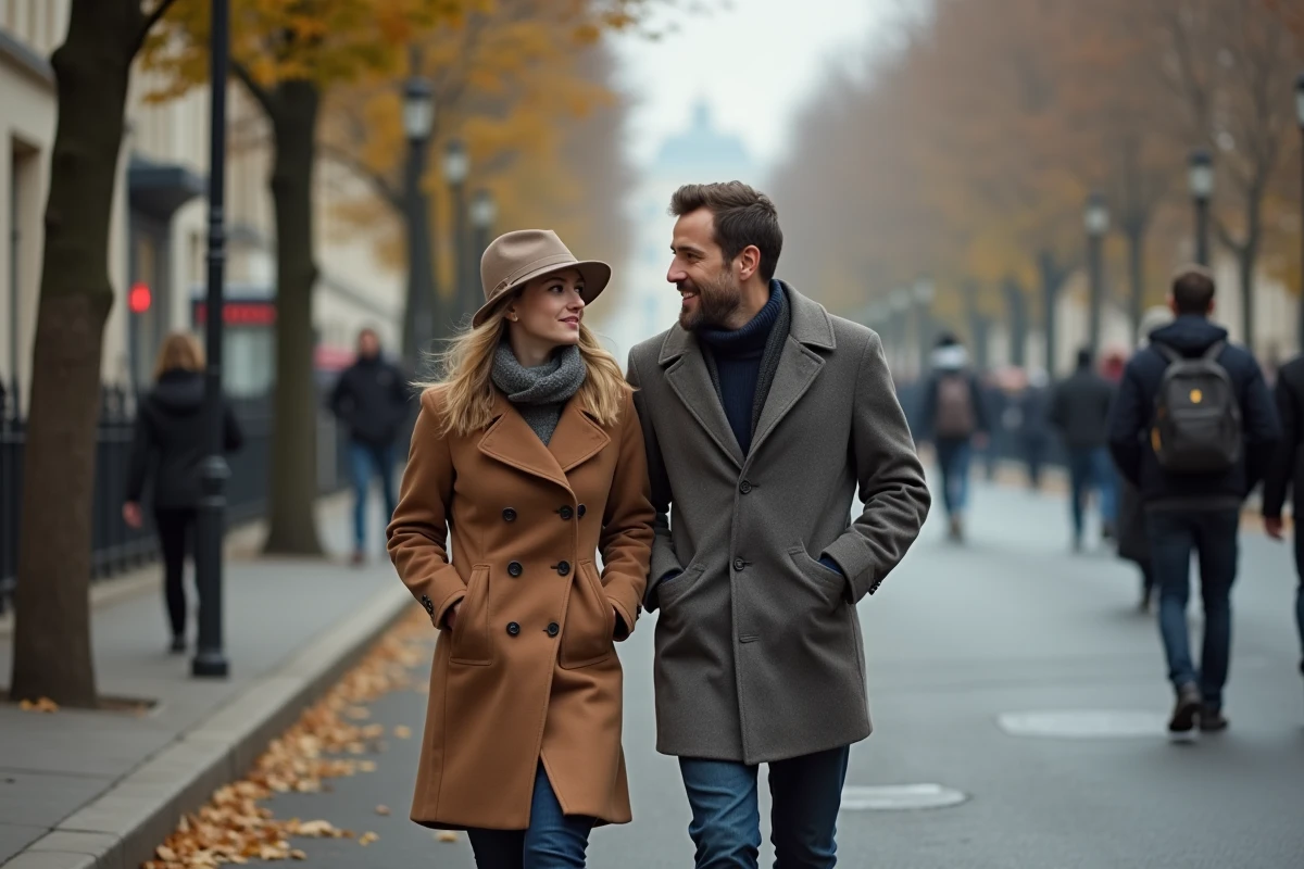 Couple se promenant dans une rue parisienne en automne, symbolisant la frontière entre vie publique et vie privée