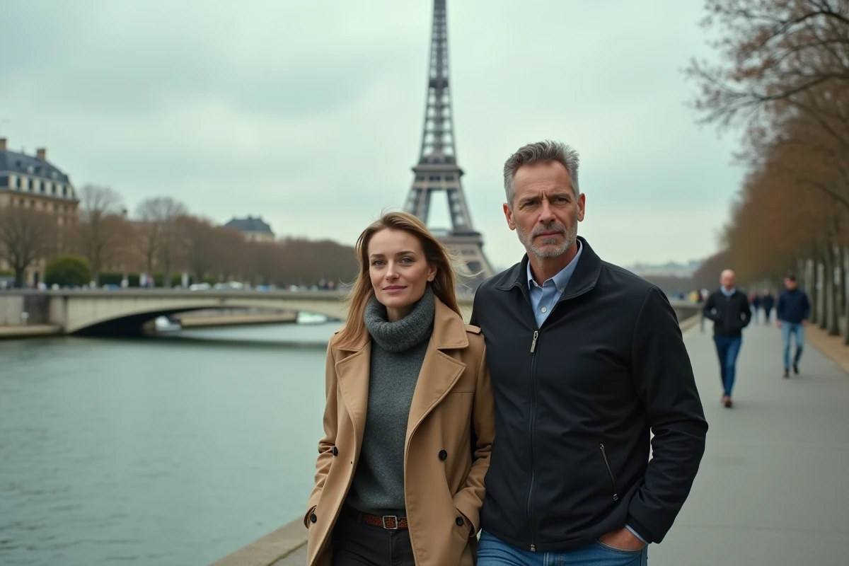 Un couple se promenant le long de la Seine à Paris, évoquant la vie amoureuse et personnelle d'une personnalité politique française