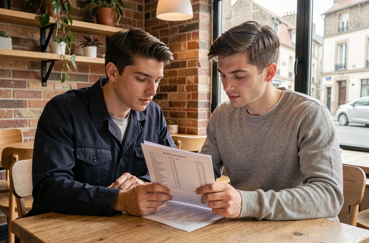 Couple comparant les tarifs de photographes dans un café à Gradignan pour choisir selon leur budget