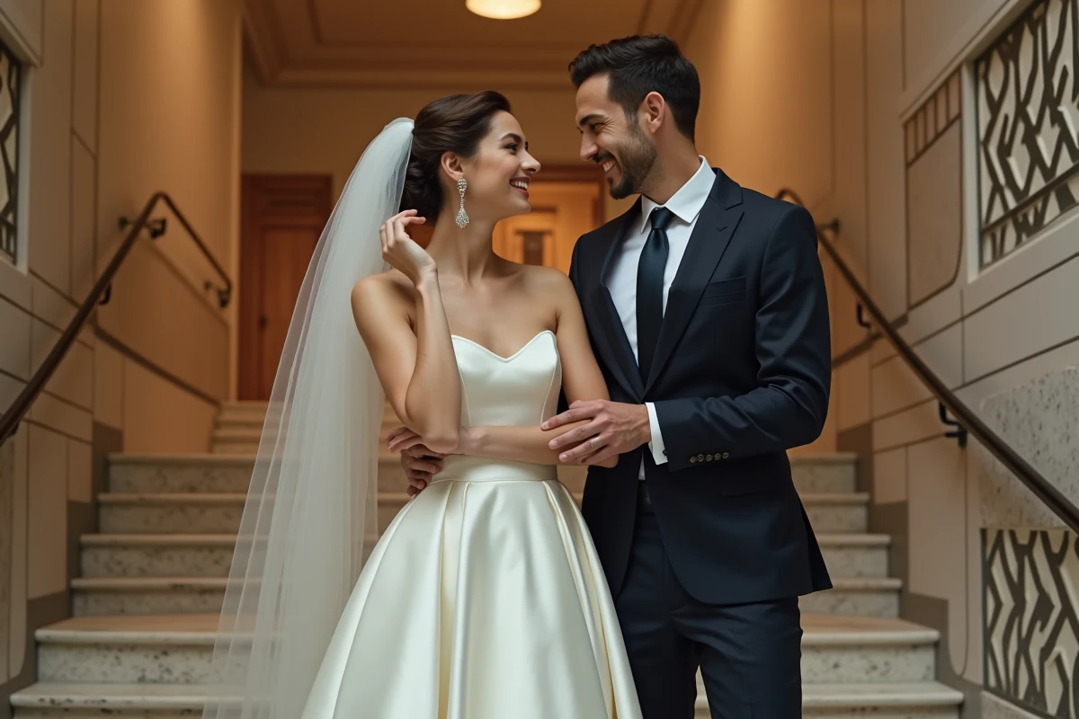 Couple souriant dans un intérieur art deco élégant