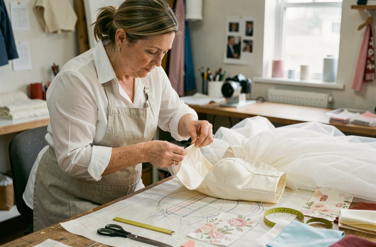 Couturière épinglant de l'organza de soie ivoire sur une robe de mariée dans un atelier de confection spécialisé