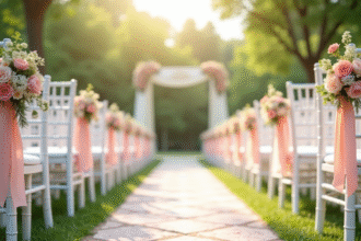 Allée de mariage élégante en extérieur avec fleurs et rubans