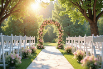 Cérémonie de mariage en plein air avec chaises blanches et arche de fleurs