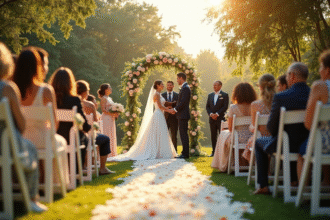 Cérémonie de mariage en plein air dans un jardin élégant avec chaises blanches et arche florale