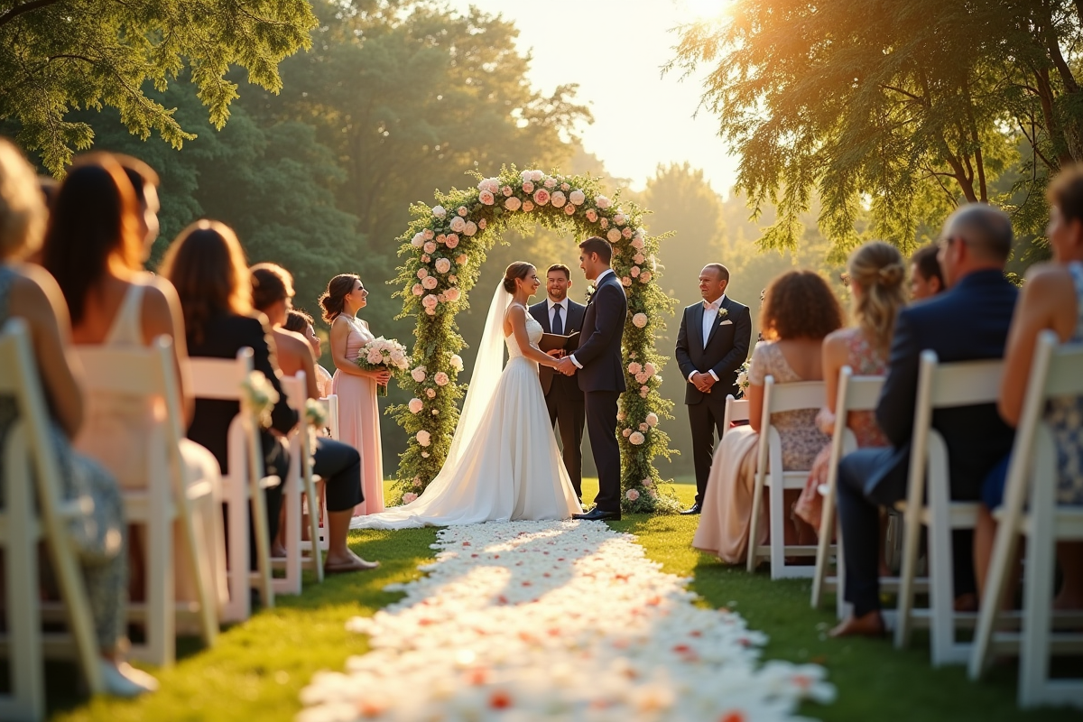 Cérémonie de mariage en plein air dans un jardin élégant avec chaises blanches et arche florale