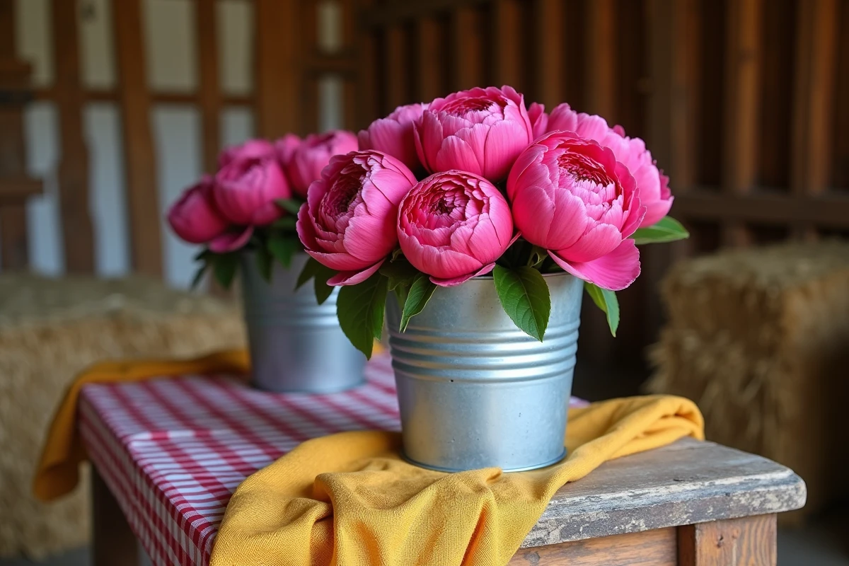 Décoration champêtre intérieure avec combinaison de couleurs mal assorties, pivoines roses et tissu à carreaux rouges en grange rustique