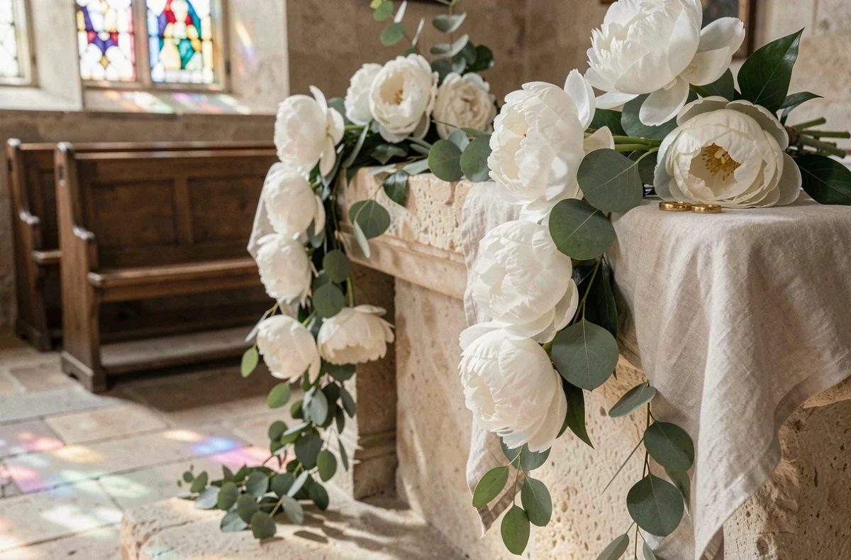 Détail de décoration florale et alliances sur un autel en pierre dans une chapelle provençale restaurée du Var pour un mariage de luxe