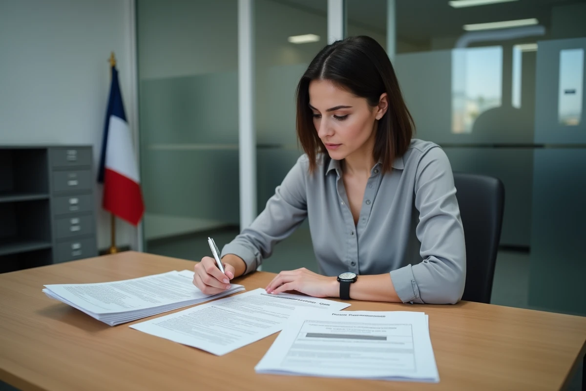 Femme examinant des documents administratifs pour un titre de séjour en France après mariage en Albanie