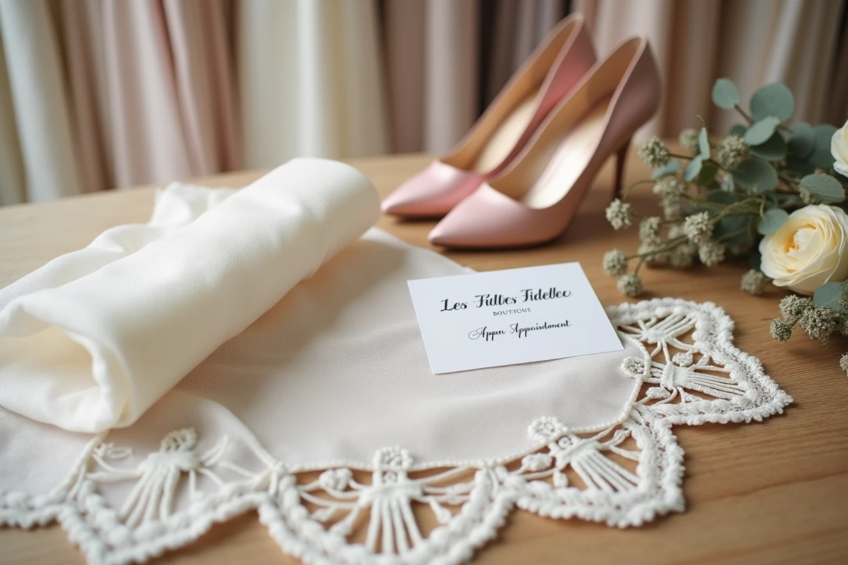 Détail flat-lay de boutique de mariée avec voile brodé, escarpins en satin rose et carte manuscrite de la boutique Les Filles Fidèles