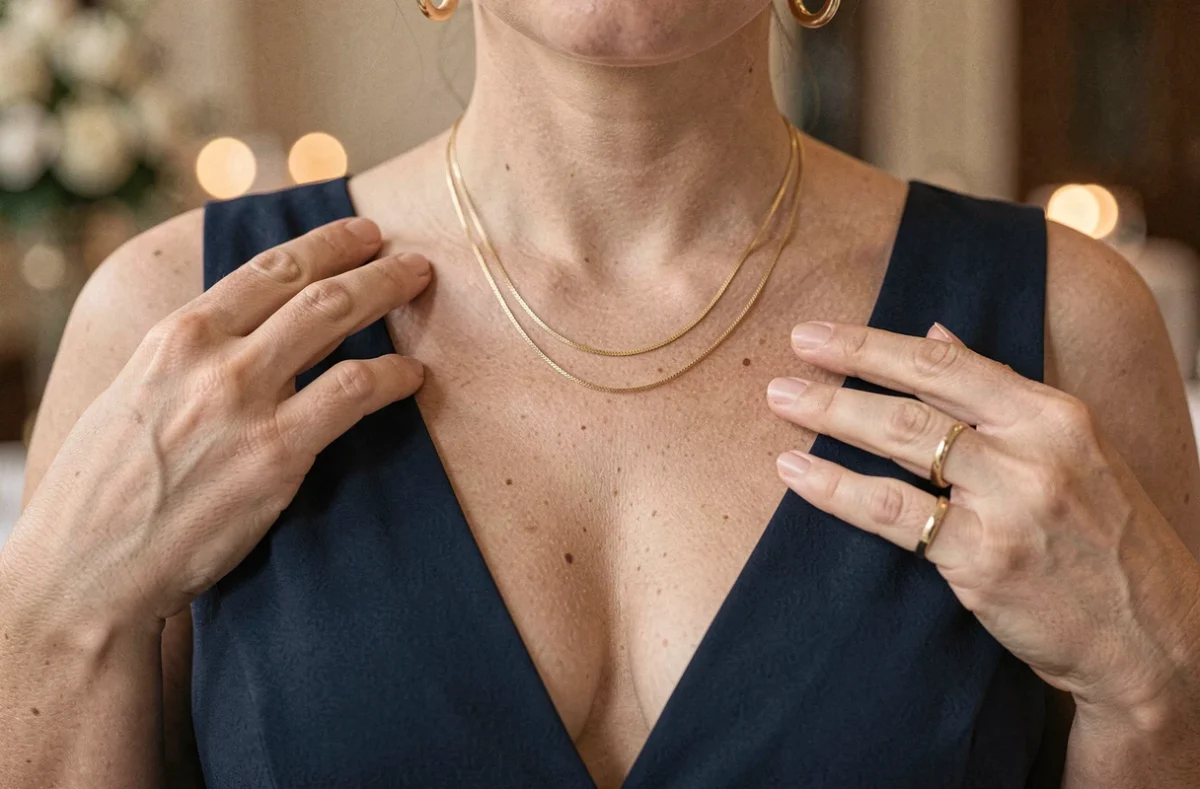 Gros plan sur les mains et le décolleté d'une femme portant une robe bleu marine avec un collier doré superposé, des créoles en or et une bague fine, accessoires bijoux essentiels pour une tenue d'invitée de mariage