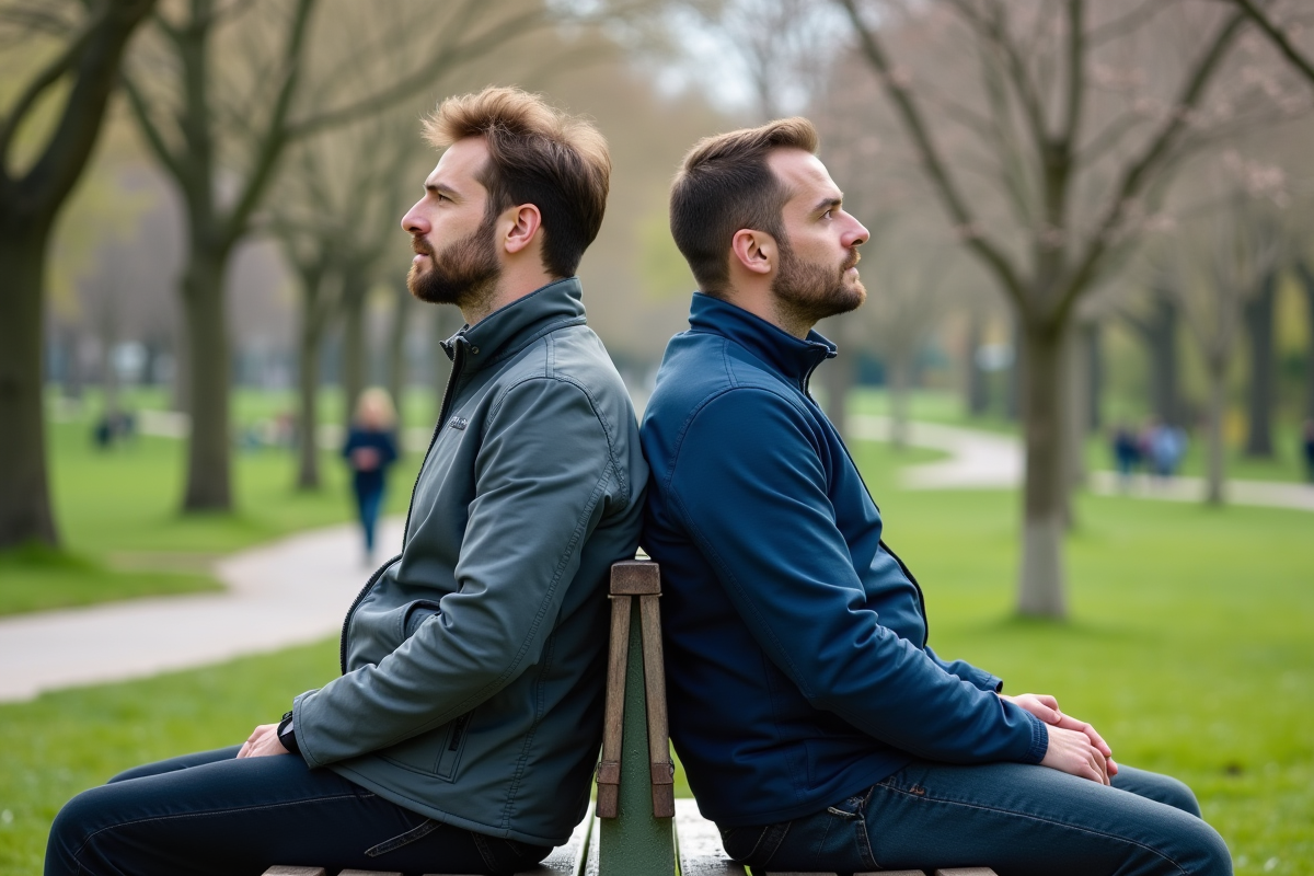Deux hommes assis sur un banc dans un parc au printemps
