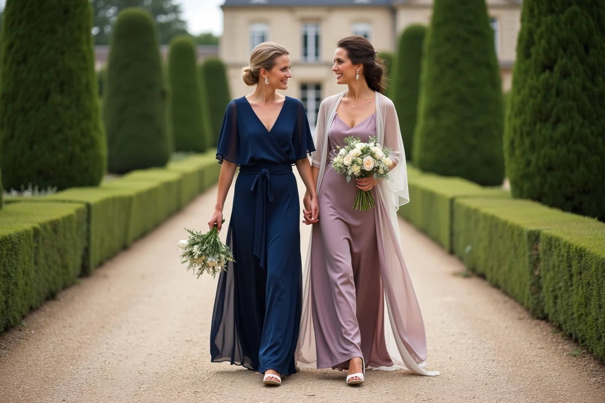 Deux invitées d'honneur en robes de cérémonie bleue et mauve se promenant dans le parc d'un domaine de mariage