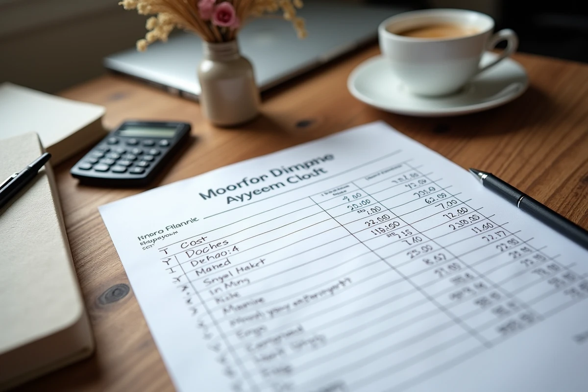 Devis de wedding planner posé sur une table avec annotations manuscrites, calculatrice et carnet de notes lors d'une analyse de budget mariage