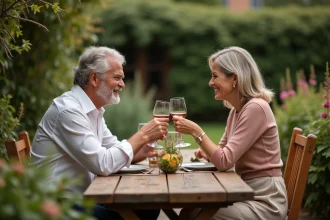 Couple souriant lors d un dîner en plein air dans un jardin