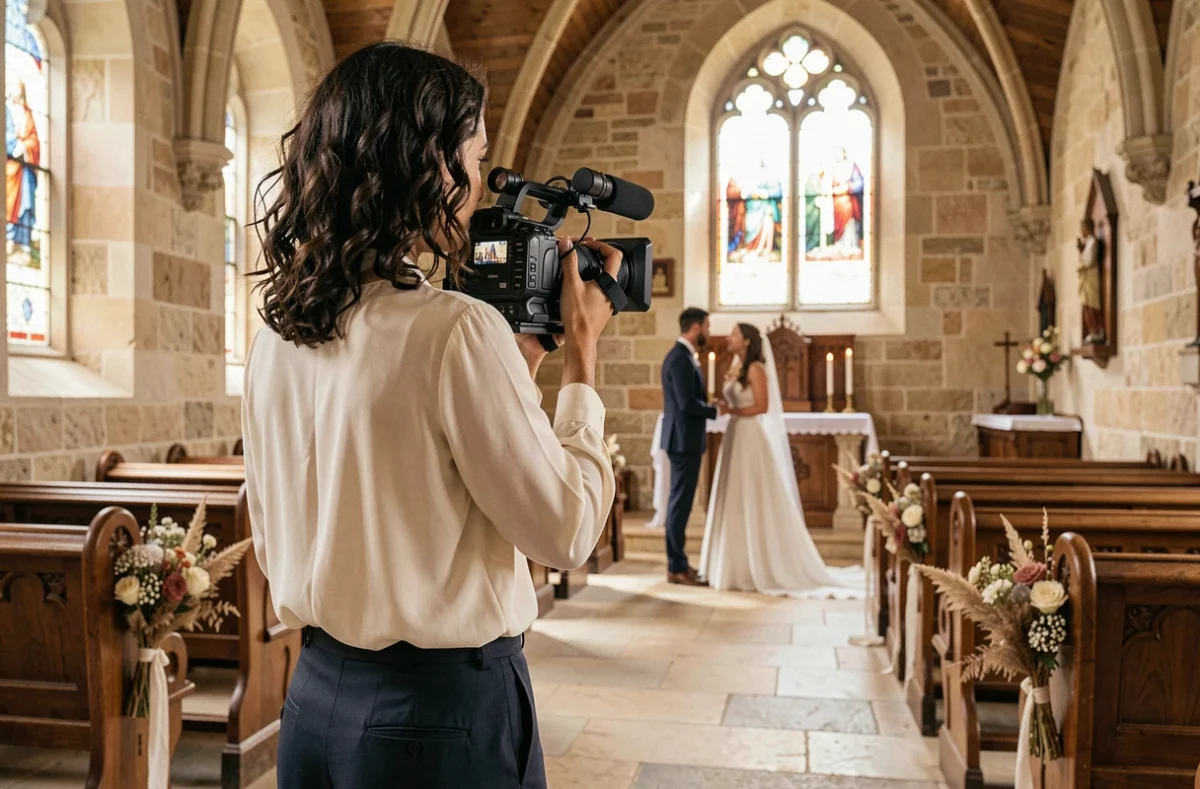 Vidéaste féminine de Dis Moi Oui filmant une cérémonie de mariage dans une chapelle en pierre en Occitanie